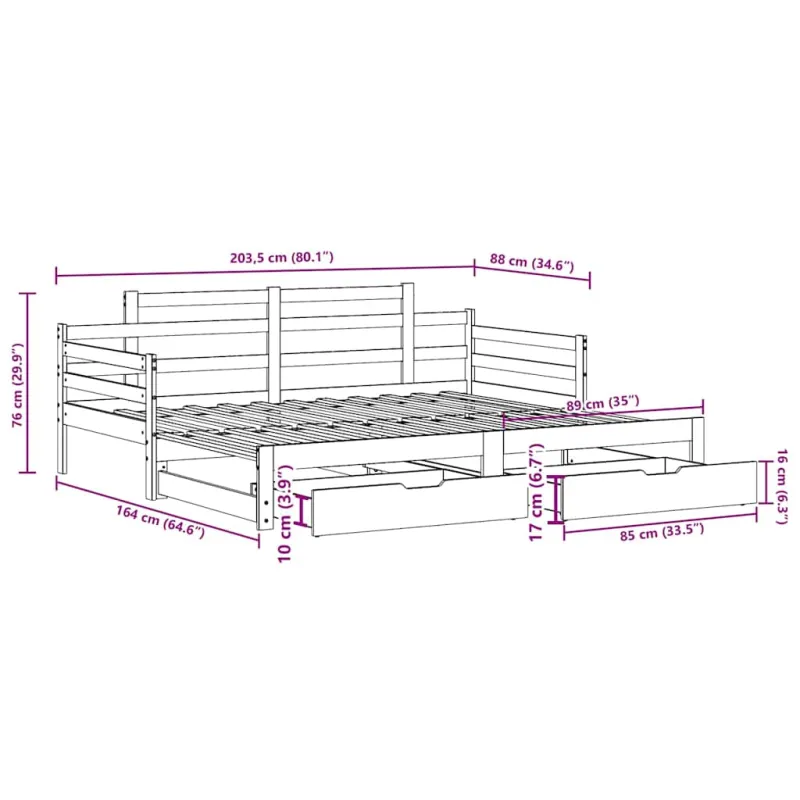 Lova su ištraukiama dalimi/stalčiais be čiužinio balta 80x200cm