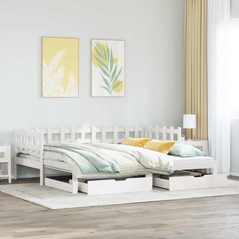 Lova su ištraukiama dalimi/stalčiais be čiužinio balta 90x200cm