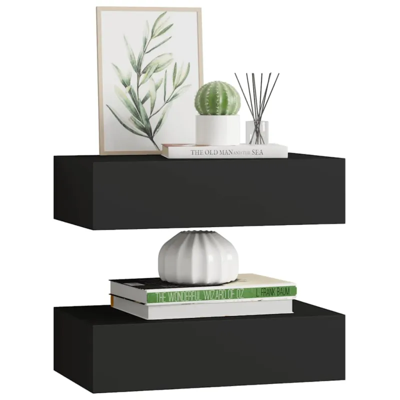 Lentynos su stalčiais, 2vnt., juodos, 40x23,5x10cm, MDF