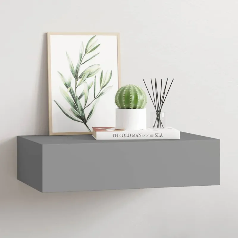 Sieninė lentyna su stalčiumi, pilka, 40x23,5x10cm, MDF