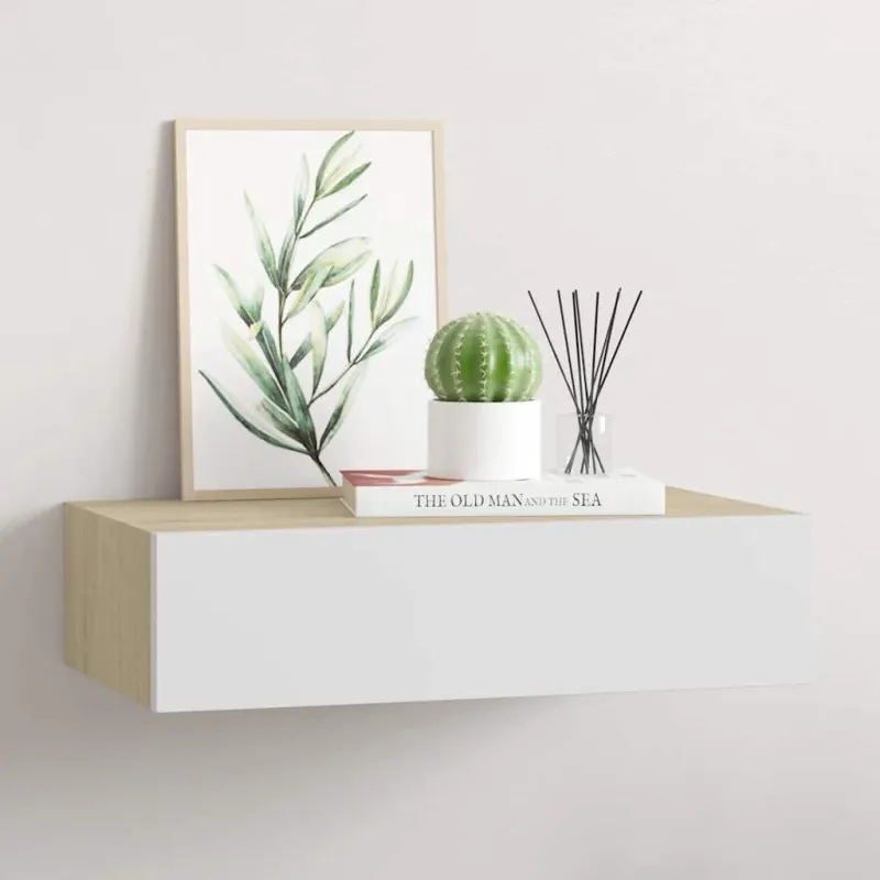 Prie sienos tvirtinama stalčių lentyna, ąžuolo ir baltos spalvos, 40x23,5x10cm, MDF