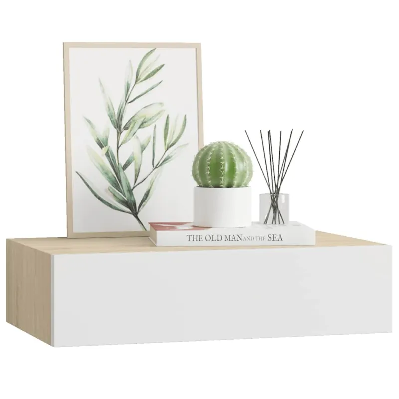 Prie sienos tvirtinama stalčių lentyna, ąžuolo ir baltos spalvos, 40x23,5x10cm, MDF