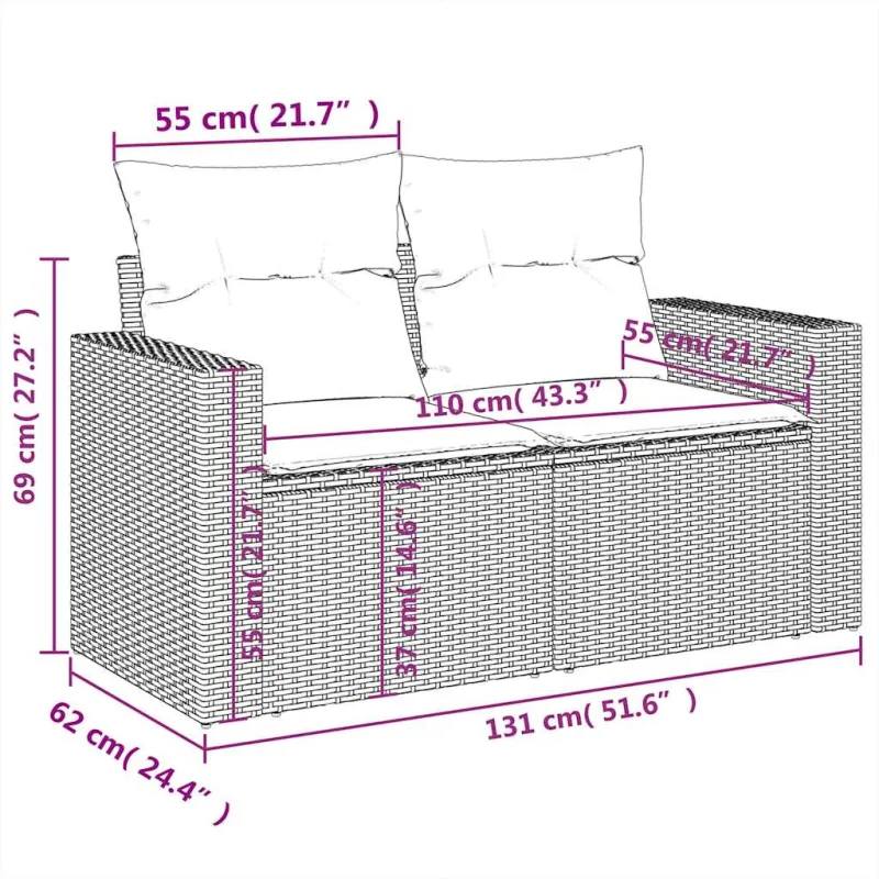 Soodekomplekti ja pehmusteet, 9 osaa, ruskea, polyrataani