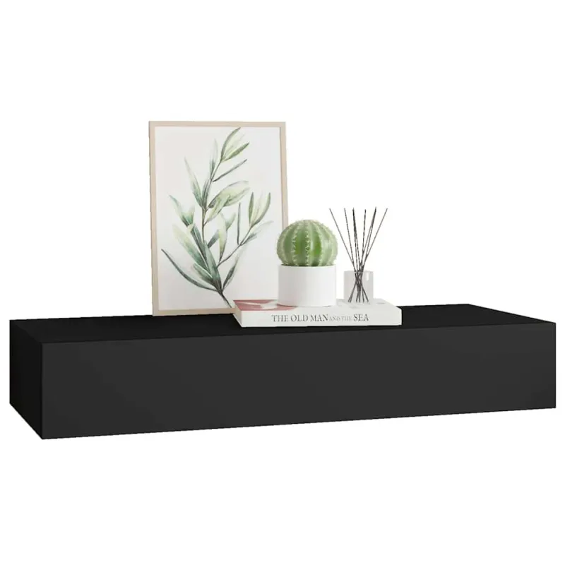 Sieninė lentyna su stalčiumi, juoda, 60x23,5x10cm, MDF
