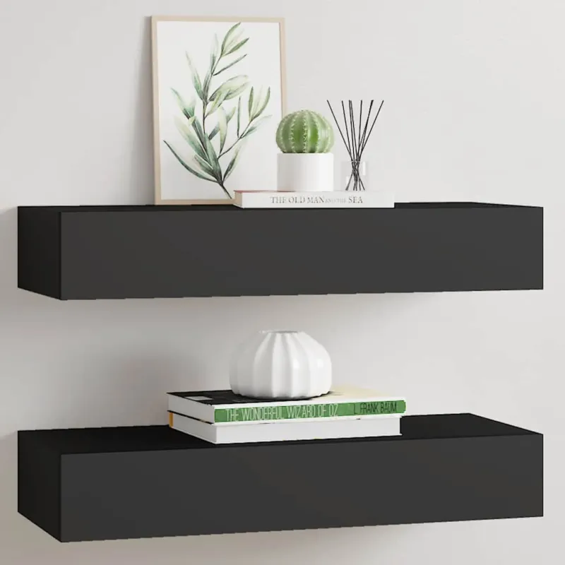 Lentynos su stalčiais, 2vnt., juodos, 60x23,5x10cm, MDF
