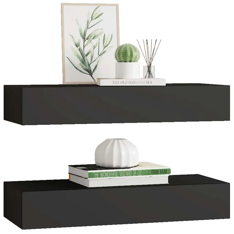 Lentynos su stalčiais, 2vnt., juodos, 60x23,5x10cm, MDF