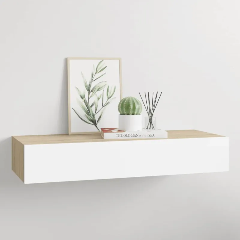 Prie sienos tvirtinama stalčių lentyna, ąžuolo ir baltos spalvos, 60x23,5x10cm, MDF