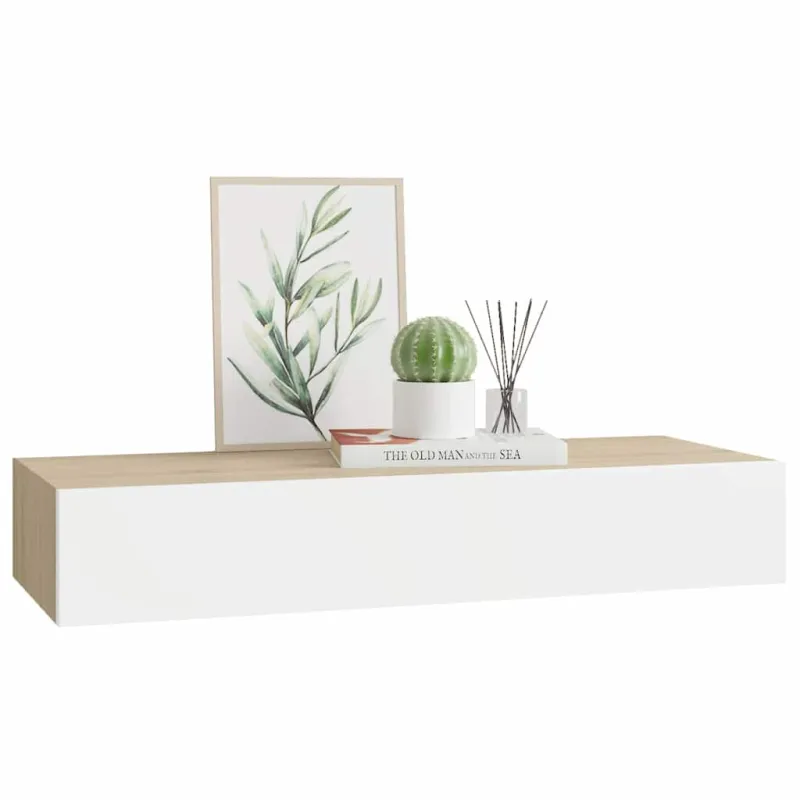 Prie sienos tvirtinama stalčių lentyna, ąžuolo ir baltos spalvos, 60x23,5x10cm, MDF