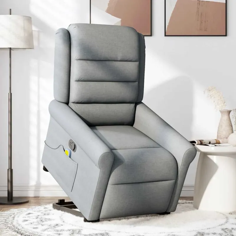 Atsistojantis masažinis krėslas, šviesiai pilkas, audinys