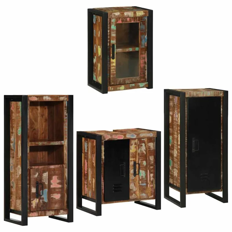 Vonios baldų rinkinys su lentyna 4 pcs Kieta atnaujinta mediena