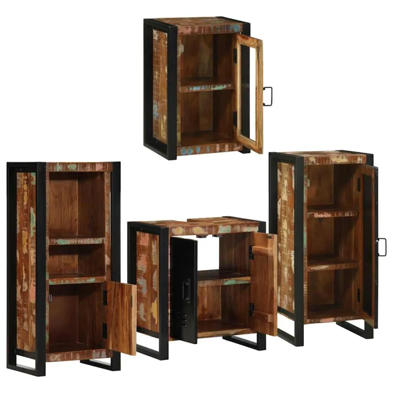 Vonios baldų rinkinys su lentyna 4 pcs Kieta atnaujinta mediena