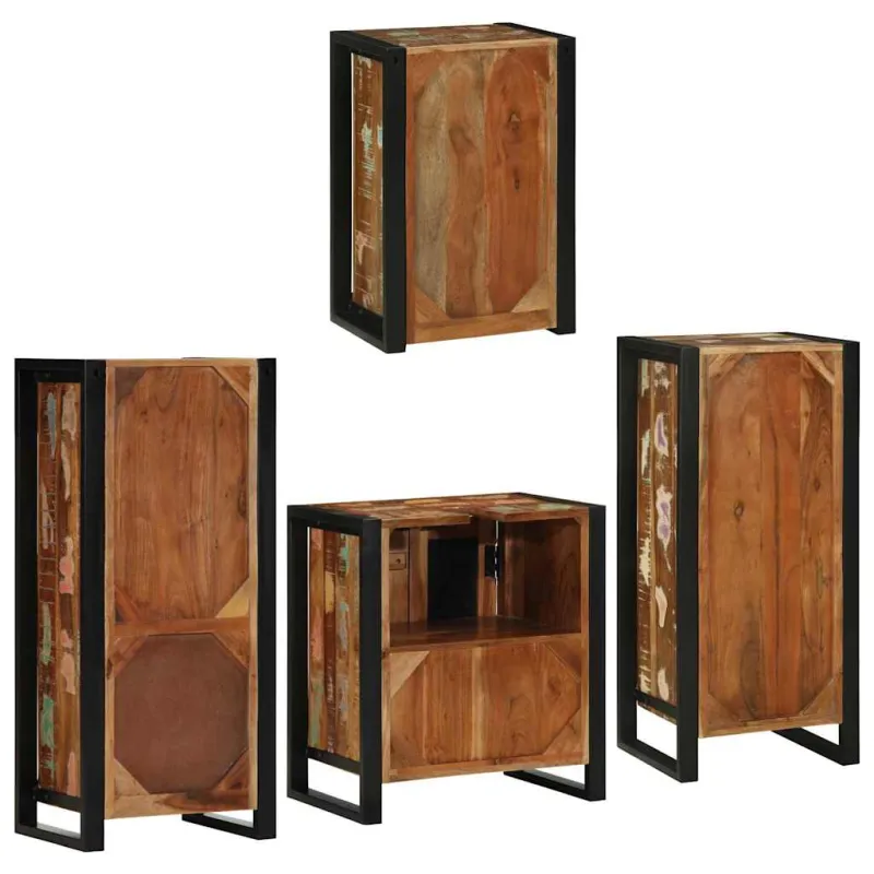 Vonios baldų rinkinys su lentyna 4 pcs Kieta atnaujinta mediena