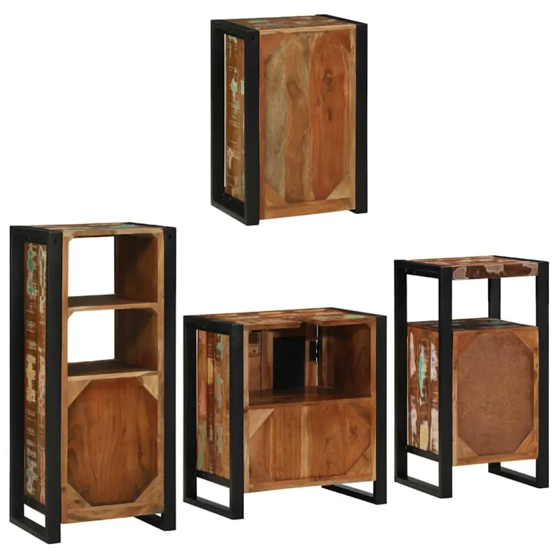 Vonios baldų rinkinys su lentyna 4 pcs Kieta atnaujinta mediena