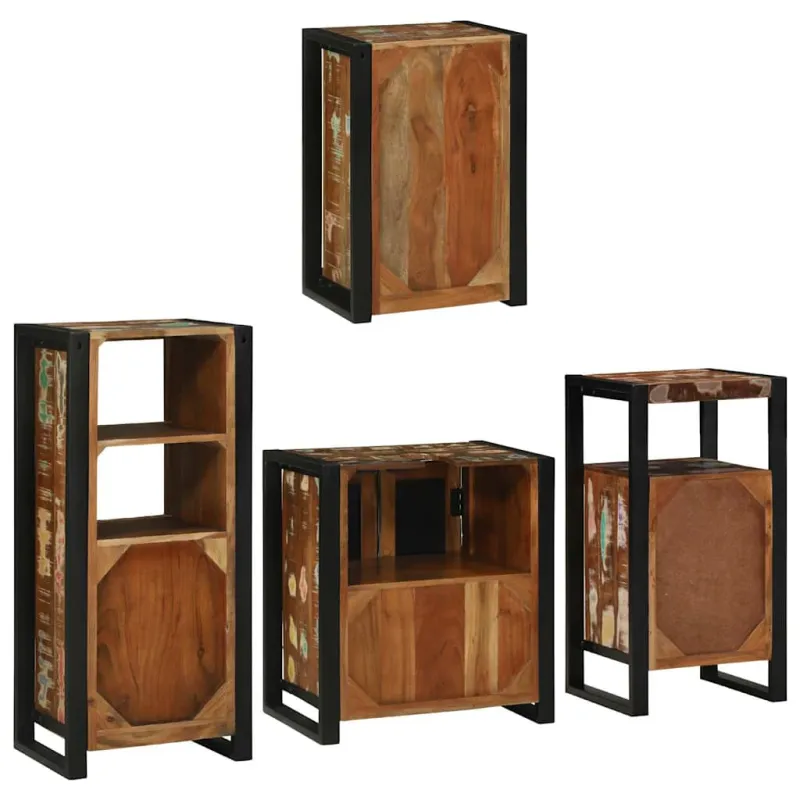 Vonios baldų rinkinys su lentyna 4 pcs Kieta atnaujinta mediena