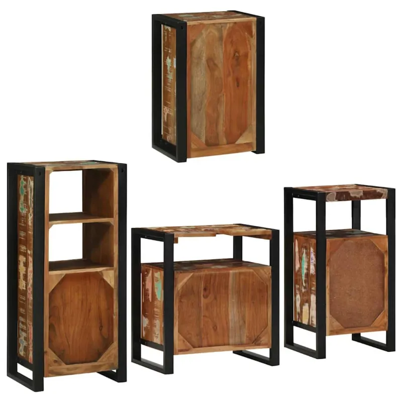Vonios baldų rinkinys su lentyna 4 pcs Kieta atnaujinta mediena