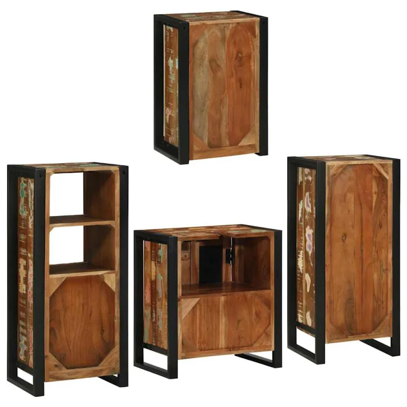 Vonios baldų rinkinys su lentyna 4 pcs Kieta atnaujinta mediena