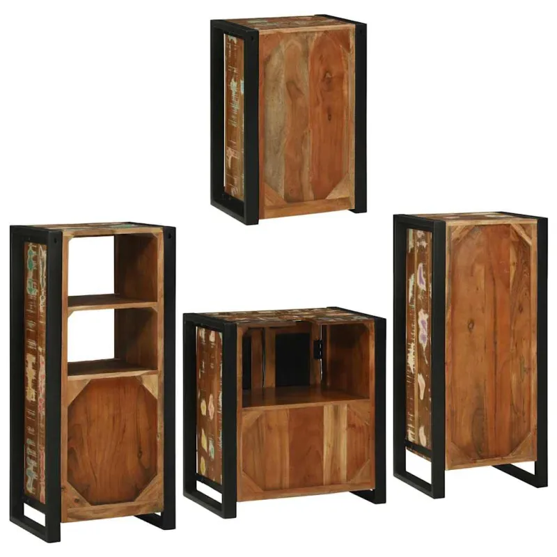 Vonios baldų rinkinys su lentyna 4 pcs Kieta atnaujinta mediena