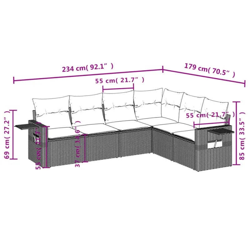 Sofos komplekti, 7 osaa, harmaa, polyrattana, sisältää tyynyt