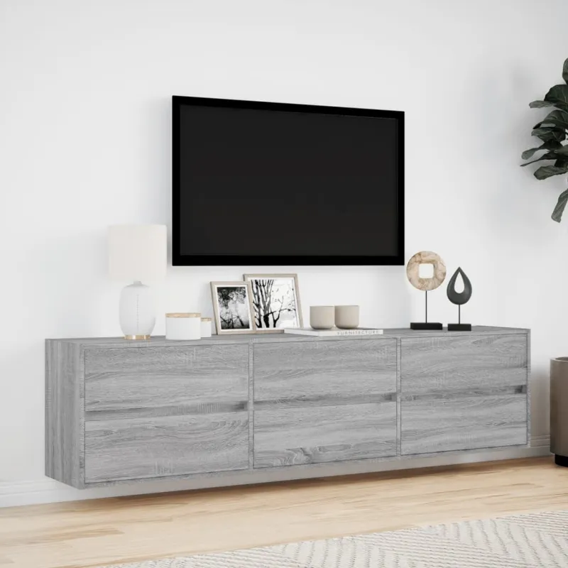 Sieninė TV spintelė su LED lemputėmis, pilka, 180x31x45cm