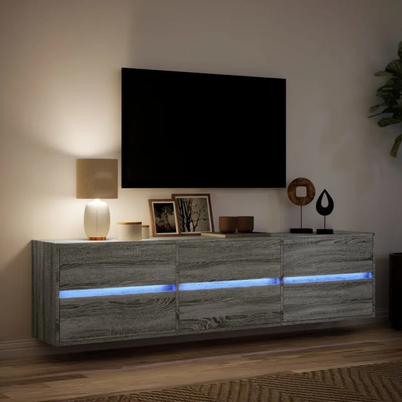 Sieninė TV spintelė su LED lemputėmis, pilka, 180x31x45cm