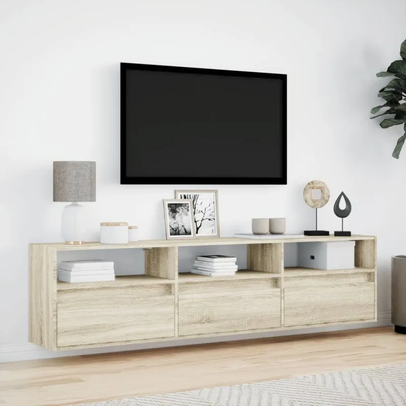 Sieninė TV spintelė su LED lemputėmis, ąžuolo, 180x31x45cm