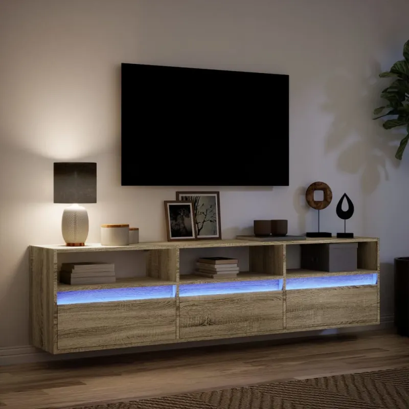 Sieninė TV spintelė su LED lemputėmis, ąžuolo, 180x31x45cm