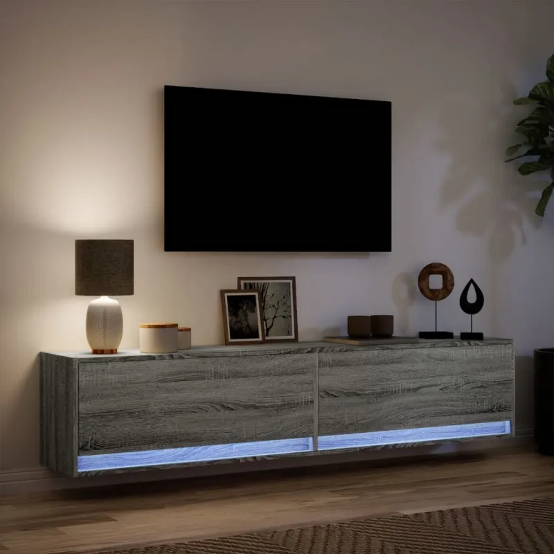 Sieninė TV spintelė su LED lemputėmis, pilka, 180x31x38cm