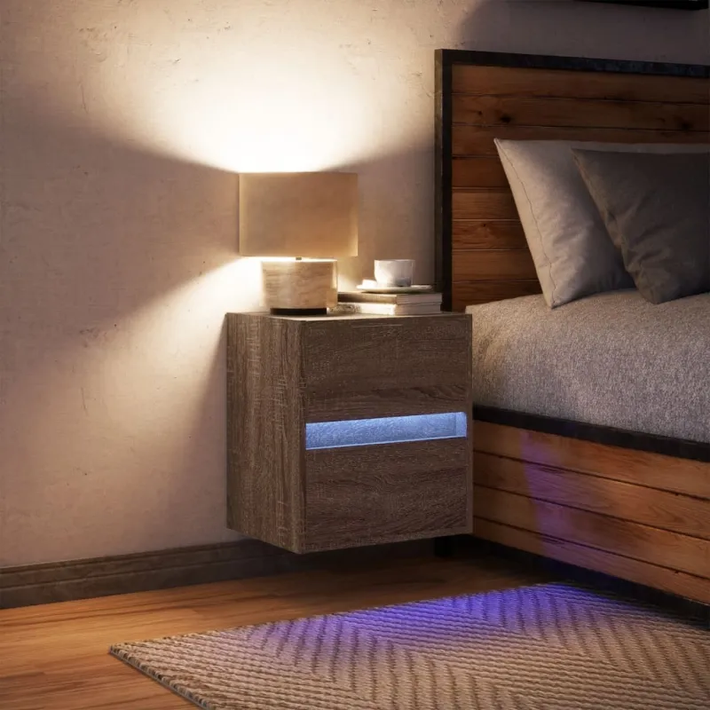 Prie sienos montuojama naktinė spintelė su LED, ruda ąžuolo