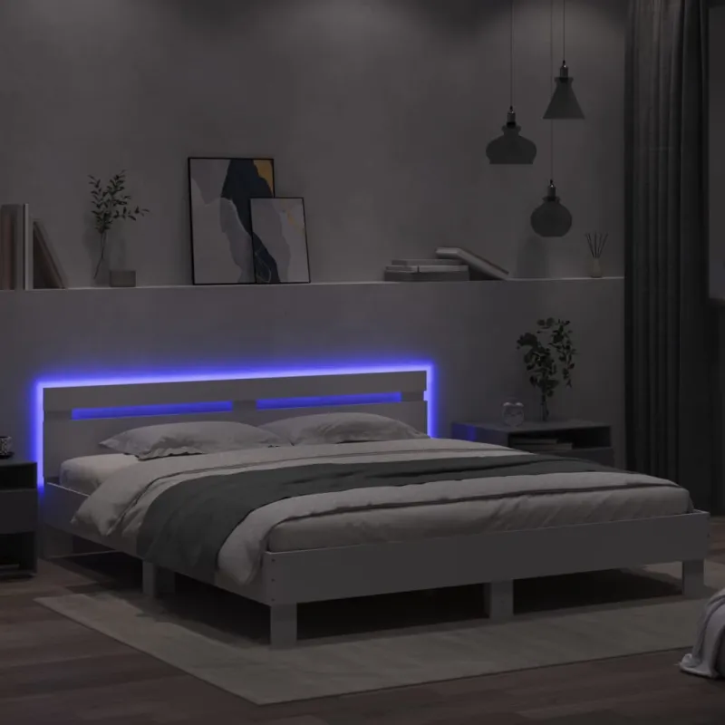 Lovos rėmas su galvūgaliu ir LED, baltos spalvos, 200x200cm