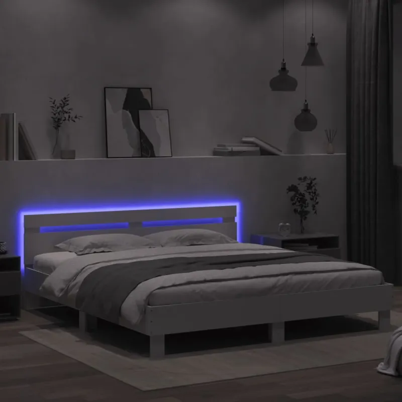 Lovos rėmas su galvūgaliu ir LED, baltos spalvos, 180x200cm