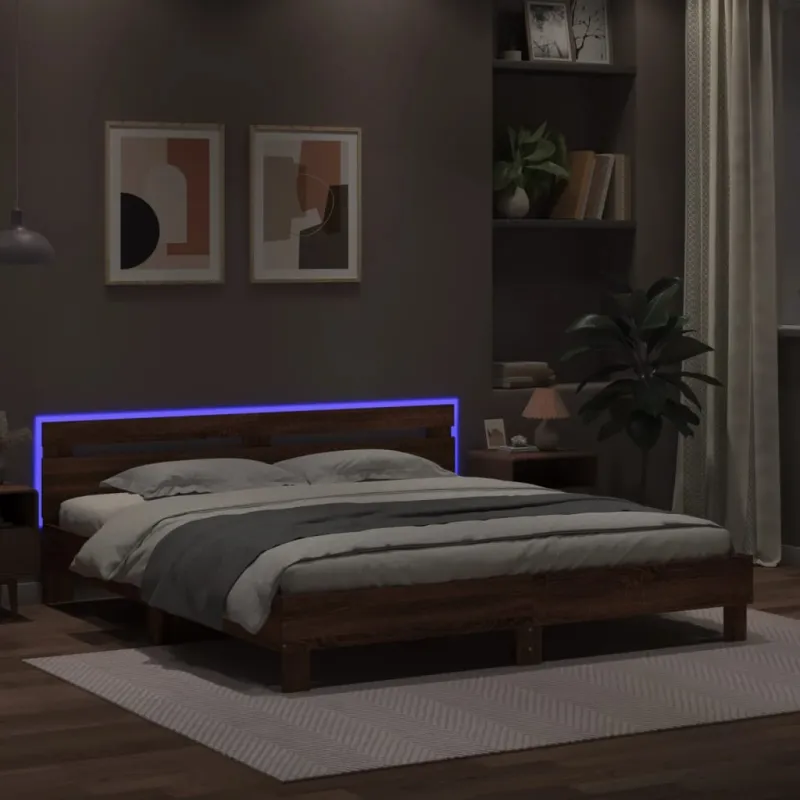 Lovos rėmas su galvūgaliu ir LED, rudas ąžuolo, 180x200cm