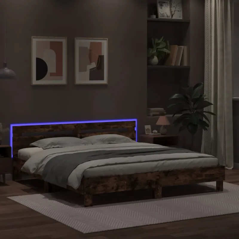 Lovos rėmas su galvūgaliu ir LED, dūminio ąžuolo, 160x200cm