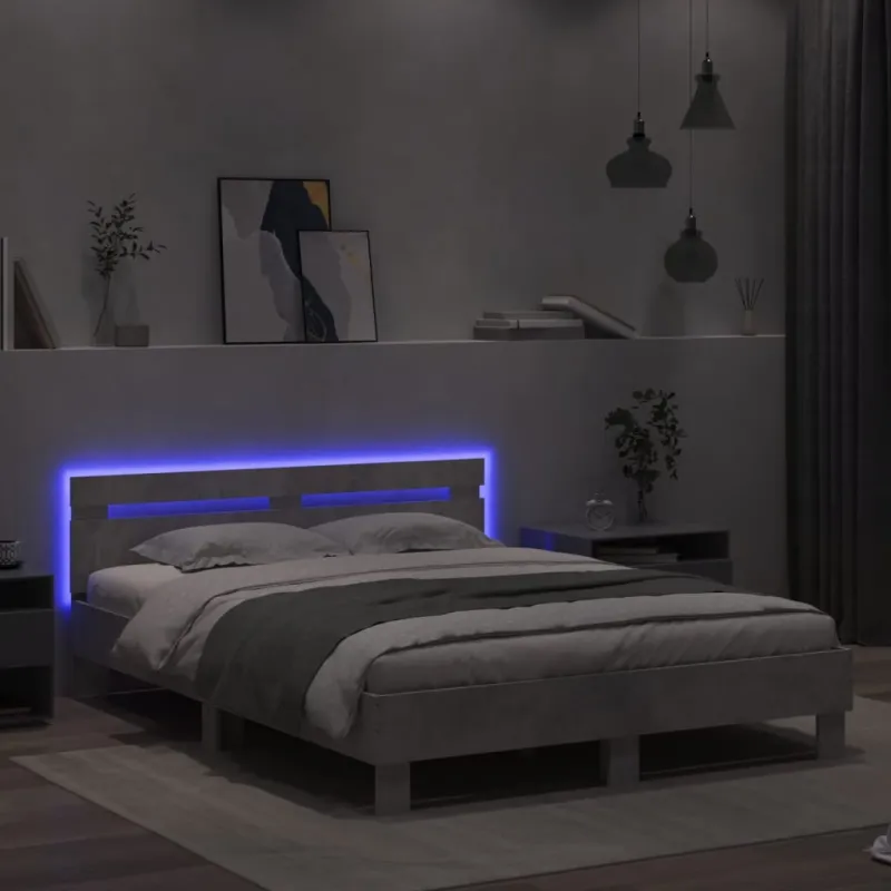 Lovos rėmas su galvūgaliu ir LED, betono pilkas, 150x200cm