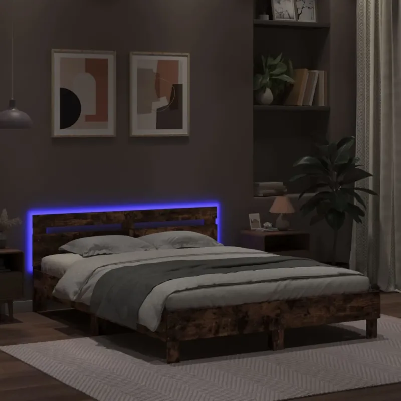 Lovos rėmas su galvūgaliu ir LED, rudas ąžuolo, 150x200cm