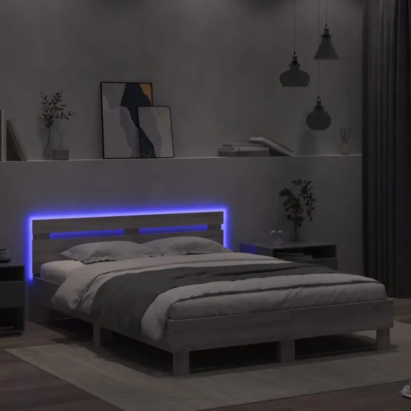 Lovos rėmas su galvūgaliu ir LED, pilkas ąžuolo, 140x200cm