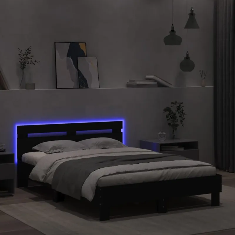 Lovos rėmas su galvūgaliu ir LED, juodos spalvos, 120x200cm