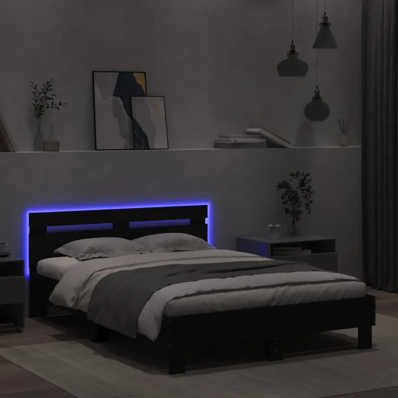 Lovos rėmas su galvūgaliu ir LED, juodos spalvos, 135x190cm