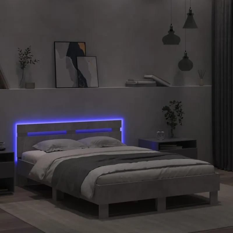 Lovos rėmas su galvūgaliu ir LED, betono pilkas, 135x190cm