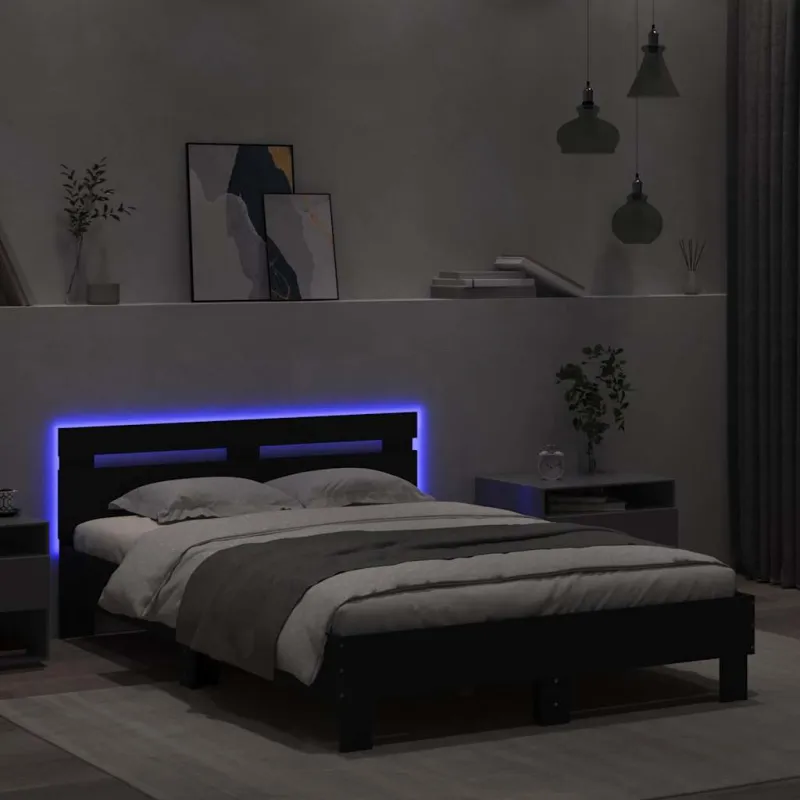 Lovos rėmas su galvūgaliu ir LED, juodos spalvos, 120x190cm