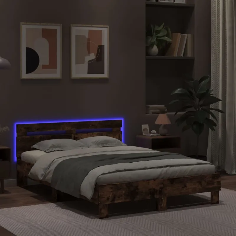 Lovos rėmas su galvūgaliu ir LED, dūminio ąžuolo, 120x190cm