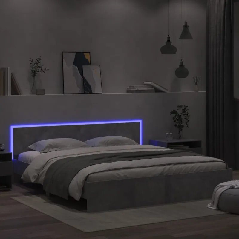 Lovos rėmas su galvūgaliu ir LED, betono pilkas, 200x200cm