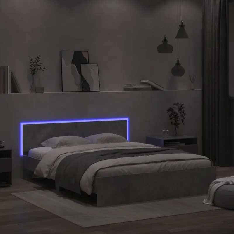 Lovos rėmas su galvūgaliu ir LED, betono pilkas, 160x200cm