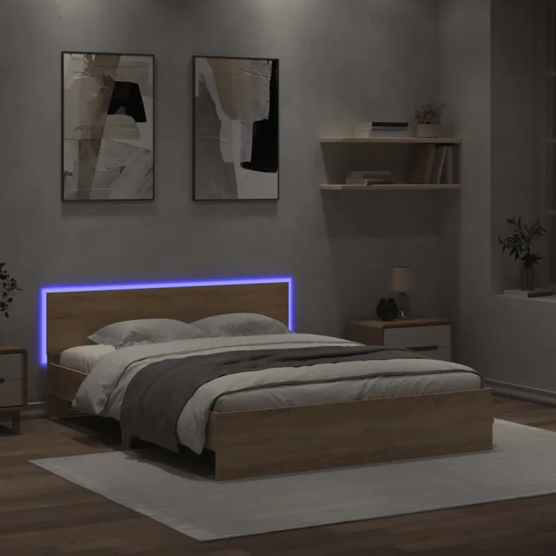 Lovos rėmas su galvūgaliu ir LED, sonoma ąžuolo, 150x200cm