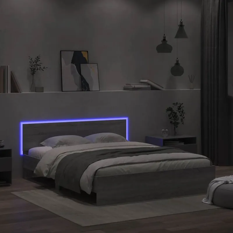 Lovos rėmas su galvūgaliu ir LED, pilkas ąžuolo, 150x200cm