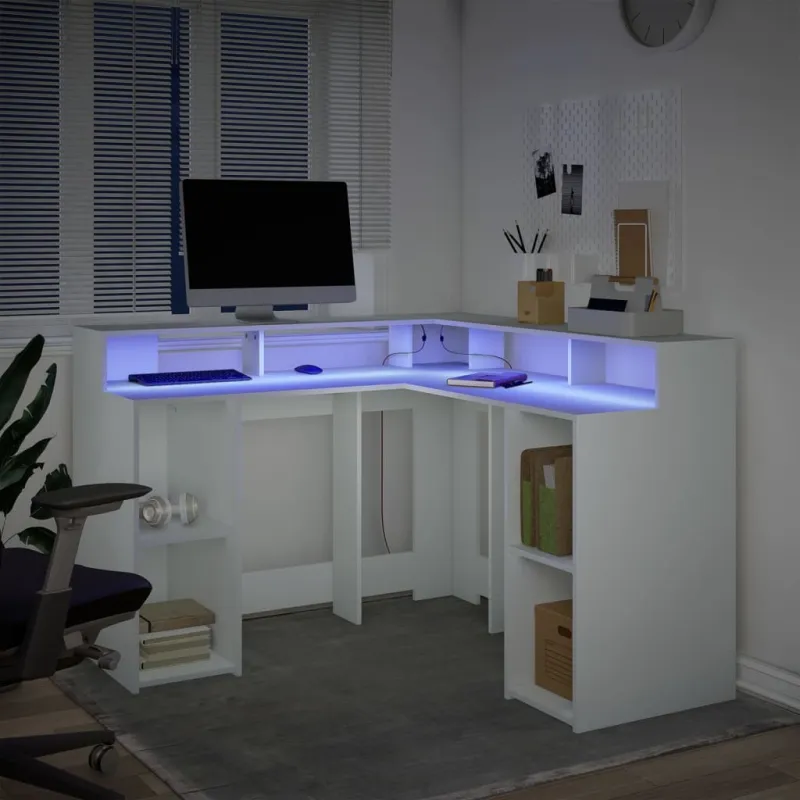 Rašomasis stalas su LED apšvietimu, baltas, 130x130x91cm