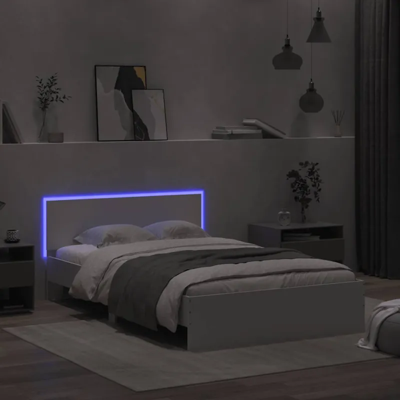 Lovos rėmas su galvūgaliu ir LED, baltos spalvos, 120x200cm