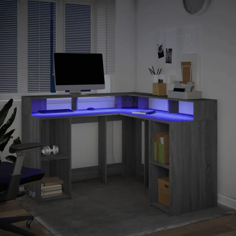 Rašomasis stalas su LED, pilkas ąžuolo, 130x130x91cm, mediena