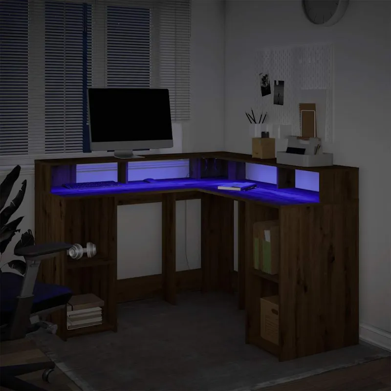 Rašomasis stalas su LED, artisano ąžuolo, 130x130x91cm, mediena