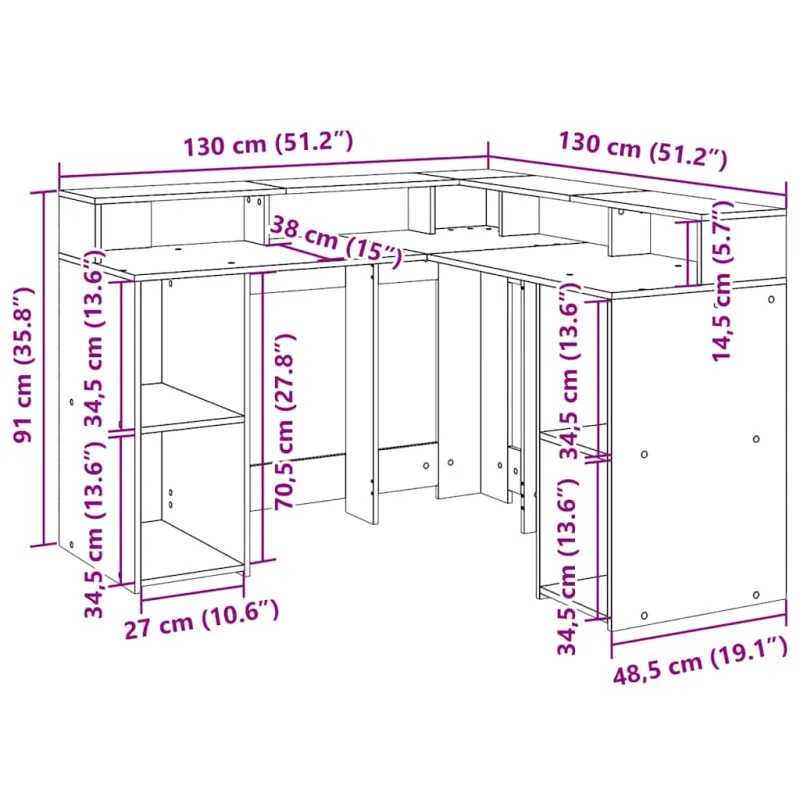 Rašomasis stalas su LED, artisano ąžuolo, 130x130x91cm, mediena