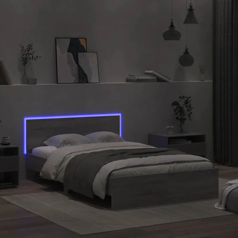 Lovos rėmas su galvūgaliu ir LED, pilkas ąžuolo, 120x200cm